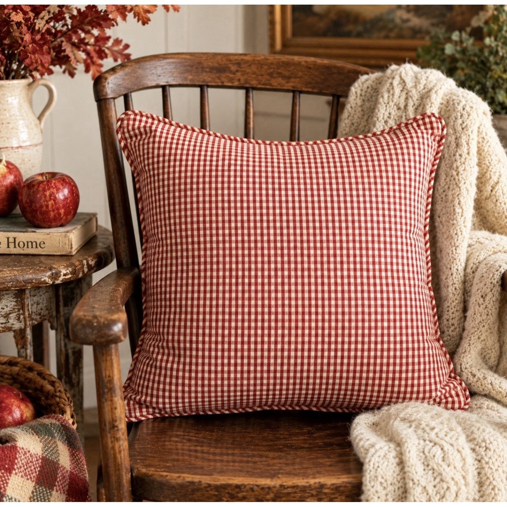 Vintage Waverly Pillow Garden Room Red Cream Gingham 17"  Cottagecore Country